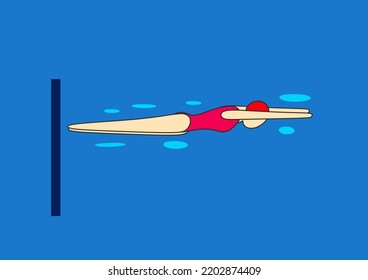 Pushing against the wall, stretching (arrow). Swimming pool exercise. Young woman.