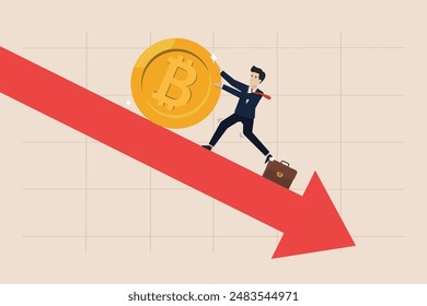 Empujar Bitcoin evitar que el Precio caiga, la crisis criptográfica o el concepto de ventas a la baja, el empresario inversor empuja Bitcoin para que el Precio no caiga.