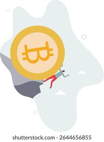Pushing Bitcoin prevent from price falling down, cryptocurrency risk, fluctuation or volatility, crypto crisis or panic sales concept.character for design.
