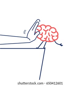 Pushing brain out of the cliff with hand. Vector concept illustration of mind manipulation | flat design linear infographic colorful on white background