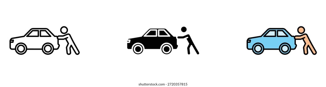Empujando el Vector del icono del coche. persona empujando un coche roto para el símbolo de la ayuda. Ilustración vectorial.