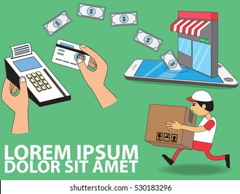 pushing credit card in terminal to mobile shopping and delivery concept. Flat style
