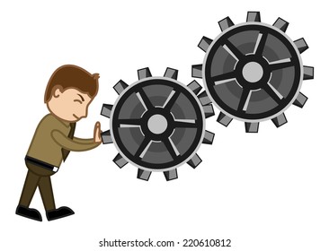 Pushing Gears - Vector Character Cartoon Illustration