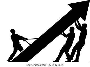 Empurrando seta de crescimento silhueta vetor ilustração com a equipe levantar gráfico para lucro financeiro e aumento de vendas.