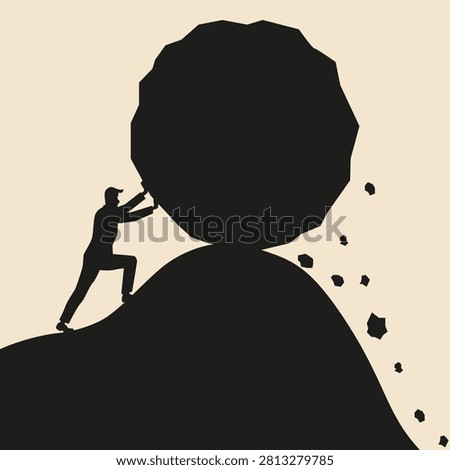 Pushing Heavy Boulder Uphill Symbolizing Perseverance and Determination. EPS 10.