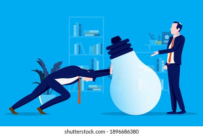 Pushing ideas - Man pushing a light bulb in office. Employee coming up with big company idea concept. Vector illustration.