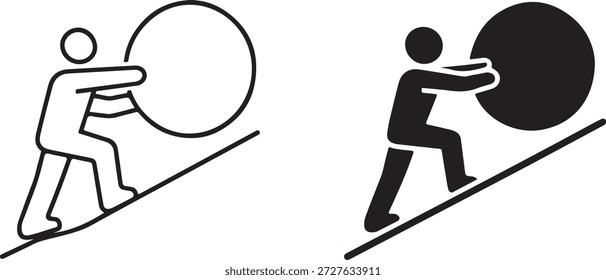 Empujando el icono de límite una esfera pesada cuesta arriba, simbolizando el desafío y la perseverancia aislados en el fondo blanco