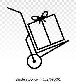 Pushing moving dolly hand cart with gift box line art icons for apps or website