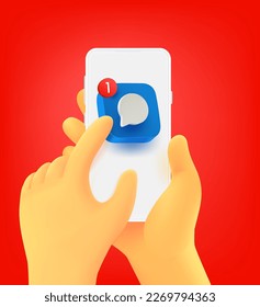 Pushing on a chat icon to read new message. purchases via mobile application. 3d vector concept