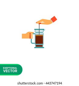Pushing press of coffee pot flat icon