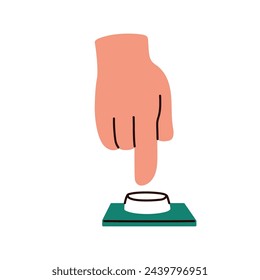 Pushing, pressing down control button with index finger. Hand calling, turning on and off, starting and stopping with desk switch. Flat graphic vector illustration isolated on white background