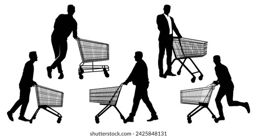 Pushing Shopping Cart Silhouettes Vector