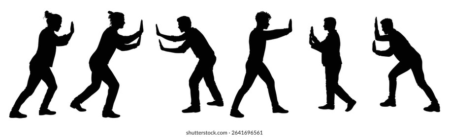 Pushing silhouette, People pushing pose silhouette, Female pushing pose silhouette