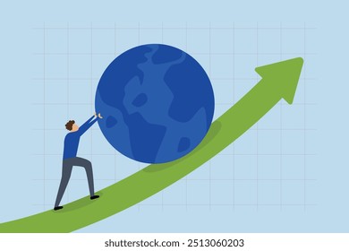 Empurrando a economia mundial para a frente, O líder empresário está exercendo o máximo esforço para empurrar o mundo para cima do gráfico ascendente.