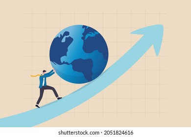 Pushing world economic forward, international investment growth or company success in world business competition concept, businessman leader push the world up rising up  graph with full effort.