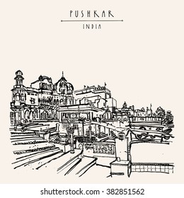 Pushkar, Rajasthan, India. Brahma ghat. Colored vintage touristic postcard, poster template, calendar page idea. Sketchy hand drawing and hand lettered title