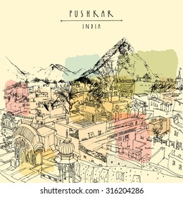 Pushkar, Rajasthan, India. City view, mountain view. Vector vintage artistic drawing. Travel sketch. Poster, postcard template in vector with Pushkar India hand lettering