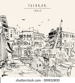 Pushkar, Rajasthan, India. Drawing. Ghats and palaces on holy lake. Puja place. Hindu temple, people bathing, pigeons. Travel postcard, poster or coloring book page with Pushkar, India hand lettering