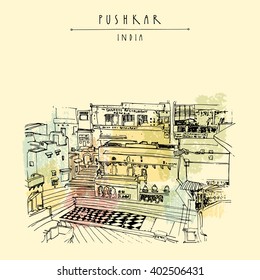 Pushkar, Rajasthan, India. Hand drawn cityscape sketch. Travel art. Vintage artistic postcard template. Vector illustration