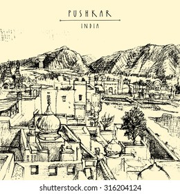 Pushkar, Rajasthan, India. Mountain view. Grungy sketchy artistic drawing on paper. Travel sketch. Vector vintage touristic postcard, poster, coloring book page, calendar template. Hand lettered title