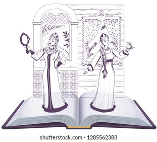 Pushkin fairy Tale of Dead Princess and Seven Knights open book. Isolated on white vector illustration