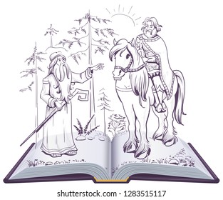 Pushkin fairy tale Song on Prophetic Oleg open book illustration. Vector isolated on white