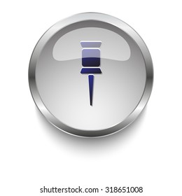 Pushpin dark blue vector icon on a glossy glass button with chrome on white background
