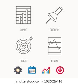 Pushpin, graph charts and target icons. Supply and demand linear signs. Calendar, Graph chart and Cogwheel signs. Download colored web icon. Vector