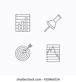Pushpin, graph charts and target icons. Supply and demand linear signs. Flat linear icons on white background. Vector