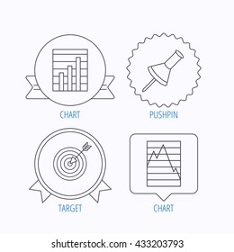 Pushpin, graph charts and target icons. Supply and demand linear signs. Award medal, star label and speech bubble designs. Vector