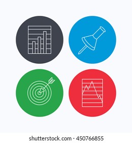 Pushpin, graph charts and target icons. Supply and demand linear signs. Linear icons on colored buttons. Flat web symbols. Vector