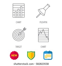 Pushpin, graph charts and target icons. Supply and demand linear signs. Shield protection, calendar and new tag web icons. Vector