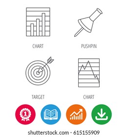Pushpin, graph charts and target icons. Supply and demand linear signs. Award medal, growth chart and opened book web icons. Download arrow. Vector