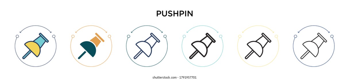 Pushpin icon in filled, thin line, outline and stroke style. Vector illustration of two colored and black pushpin vector icons designs can be used for mobile, ui, web
