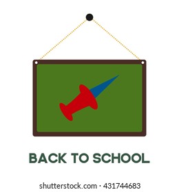 Pushpin Icon in hanging green board. Back to school typography