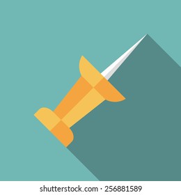 pushpin icon with long shadow. flat style vector illustration