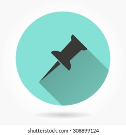 Pushpin - icon with long shadow, flat design. Vector illustration