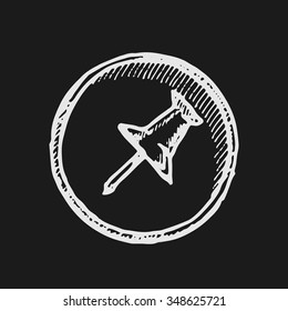 Pushpin icon on black background. Hand drawn vector illustration.