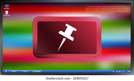 Pushpin Icon on the screen monitor. Made vector illustration