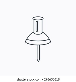 Pushpin icon. Pin tool sign. Office stationery symbol. Linear outline icon on white background. Vector
