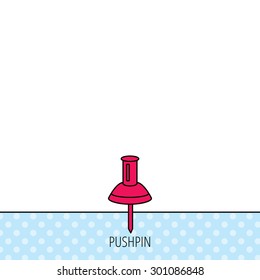 Pushpin icon. Pin tool sign. Office stationery symbol. Circles seamless pattern. Background with red icon. Vector