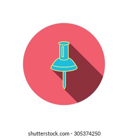 Pushpin icon. Pin tool sign. Office stationery symbol. Red flat circle button. Linear icon with shadow. Vector