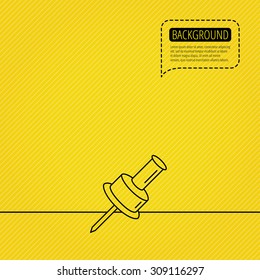 Pushpin icon. Pin tool sign. Office stationery symbol. Speech bubble of dotted line. Orange background. Vector