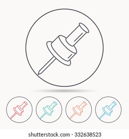 Pushpin icon. Pin tool sign. Office stationery symbol. Linear circle icons.