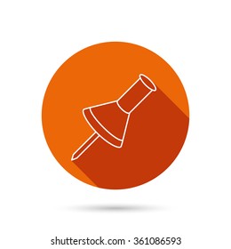 Pushpin icon. Pin tool sign. Office stationery symbol. Round orange web button with shadow.
