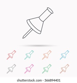 Pushpin icon. Pin tool sign. Office stationery symbol. Linear icons on white background.