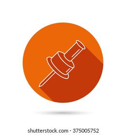 Pushpin icon. Pin tool sign. Office stationery symbol. Round orange web button with shadow.