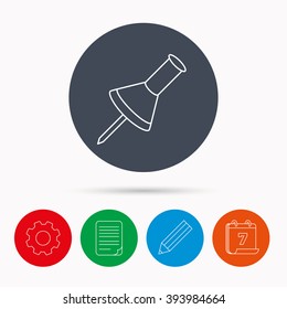 Pushpin icon. Pin tool sign. Office stationery symbol. Calendar, cogwheel, document file and pencil icons.