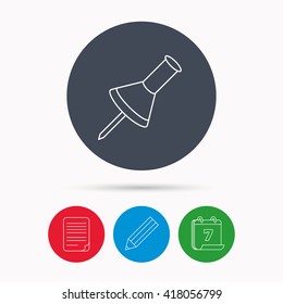 Pushpin icon. Pin tool sign. Office stationery symbol. Calendar, pencil or edit and document file signs. Vector