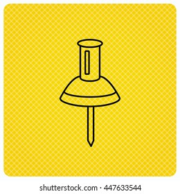 Pushpin icon. Pin tool sign. Office stationery symbol. Linear icon on orange background. Vector